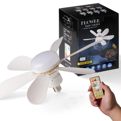 Ceiling fan with integrated LED light and remote control, dual voltage.