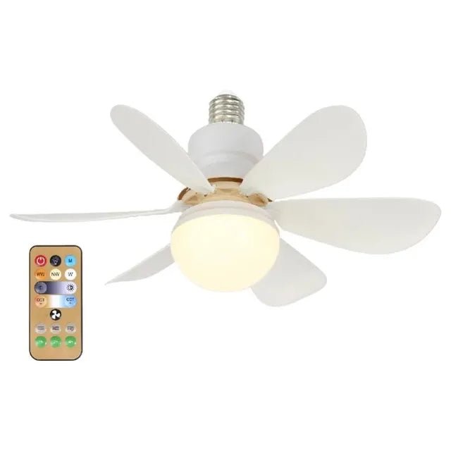 Ceiling fan with integrated LED light and remote control, dual voltage.